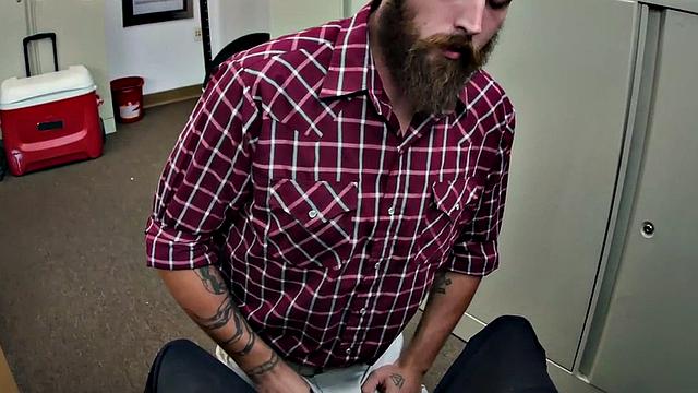 Black top bangs white crack of tattooed gay in office
