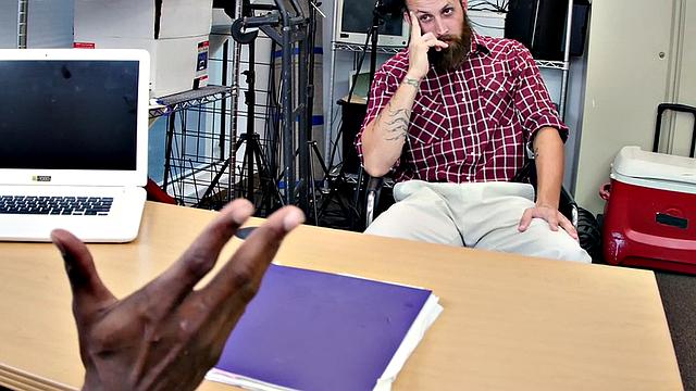 Black top bangs white crack of tattooed gay in office