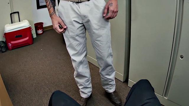 Black top bangs white crack of tattooed gay in office