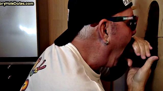 Gloryhole DILF sucks Black cock before getting fucked by white in sling