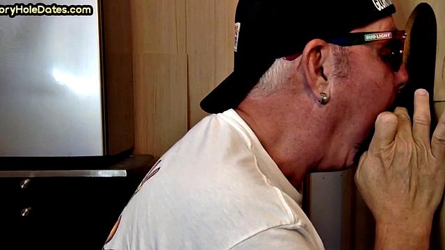 Gloryhole DILF sucks Black cock before getting fucked by white in sling