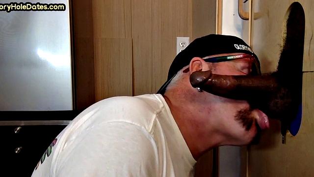 Gloryhole DILF sucks Black cock before getting fucked by white in sling