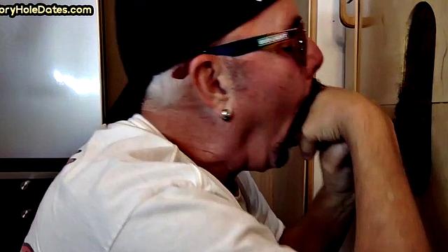 Gloryhole DILF sucks Black cock before getting fucked by white in sling