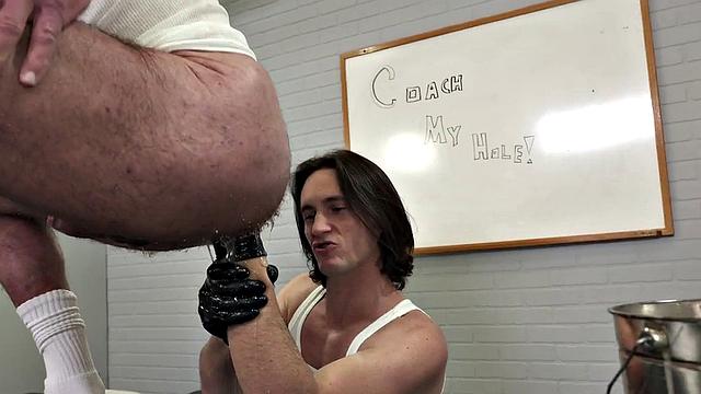 Hairy gaydaddy fisted in his butt by stud in gloves