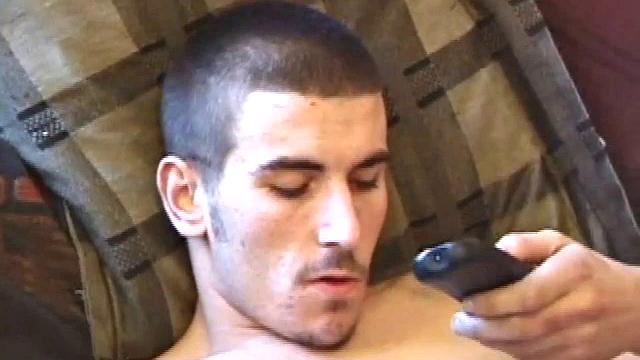 With cock in one hand and TV remote in the other, Sebastian fast forwards and freeze frames on his favorite scenes, while beating off. It takes some time for him to find just the right visual stimulation, but when he cums starts pumping.