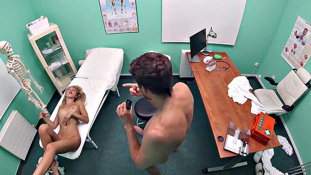 Russian blonde bombshell devours cum from doc while getting fucked in high heels