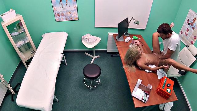 Russian blonde bombshell devours cum from doc while getting fucked in high heels