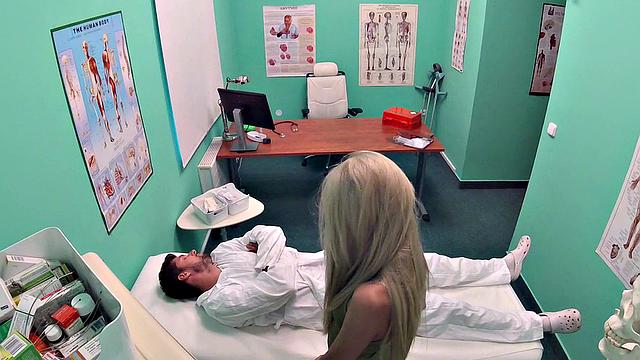 Russian blonde bombshell devours cum from doc while getting fucked in high heels