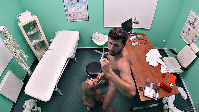 Russian blonde bombshell devours cum from doc while getting fucked in high heels