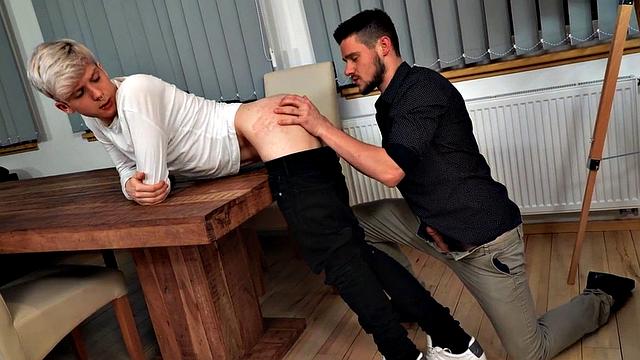 Rimming bottom fucks skinny twink on the table
