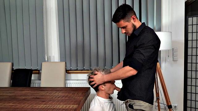 Rimming bottom fucks skinny twink on the table