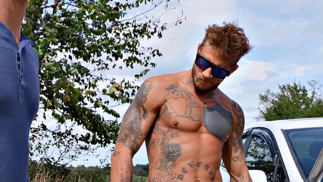Tattooed gay stud after BJ fucks his BF in the asshole outdoors