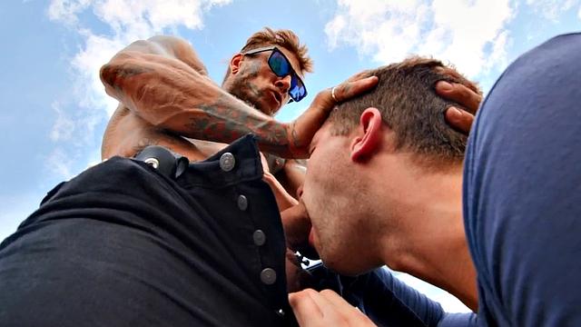 Tattooed gay stud after BJ fucks his BF in the asshole outdoors