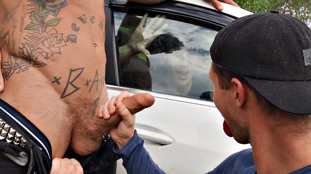 Tattooed gay stud after BJ fucks his BF in the asshole outdoors