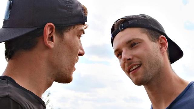 Tattooed gay stud after BJ fucks his BF in the asshole outdoors