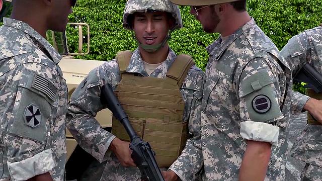 Military Black stud fucked outdoors in voyeuristic 3some