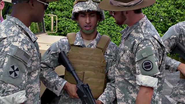 Military Black stud fucked outdoors in voyeuristic 3some