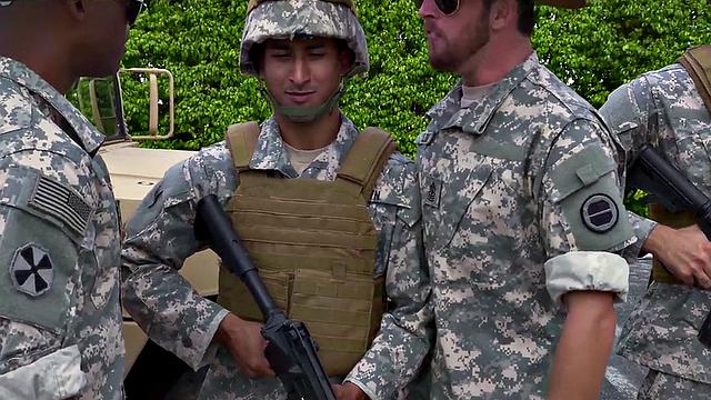 Military Black stud fucked outdoors in voyeuristic 3some