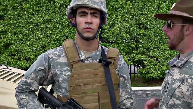 Military Black stud fucked outdoors in voyeuristic 3some