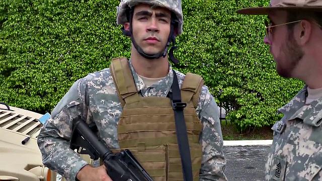 Military Black stud fucked outdoors in voyeuristic 3some