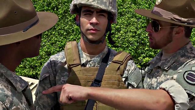 Military Black stud fucked outdoors in voyeuristic 3some