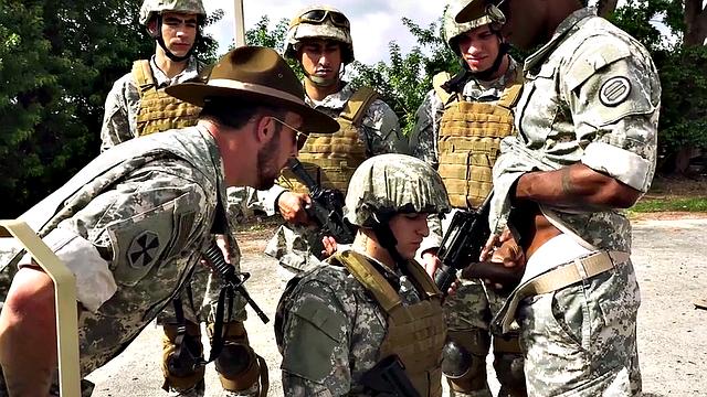 Military Black stud fucked outdoors in voyeuristic 3some