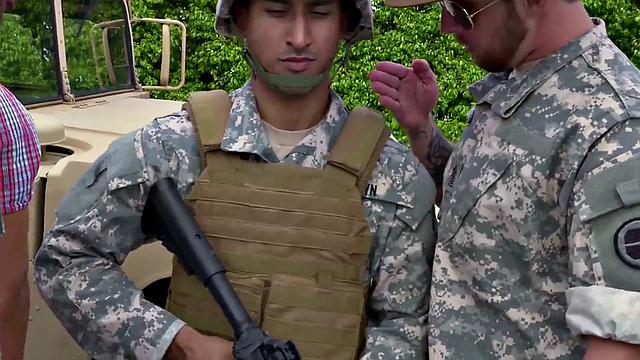 Military Black stud fucked outdoors in voyeuristic 3some