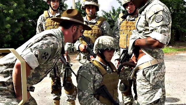 Military Black stud fucked outdoors in voyeuristic 3some