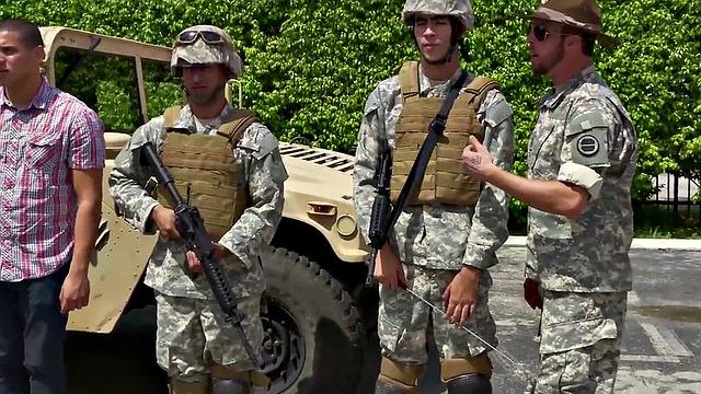 Military Black stud fucked outdoors in voyeuristic 3some