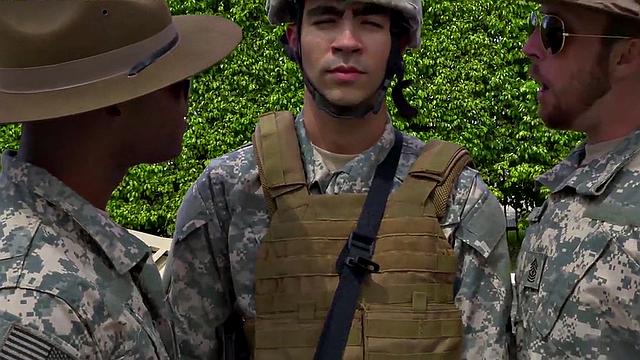 Military Black stud fucked outdoors in voyeuristic 3some