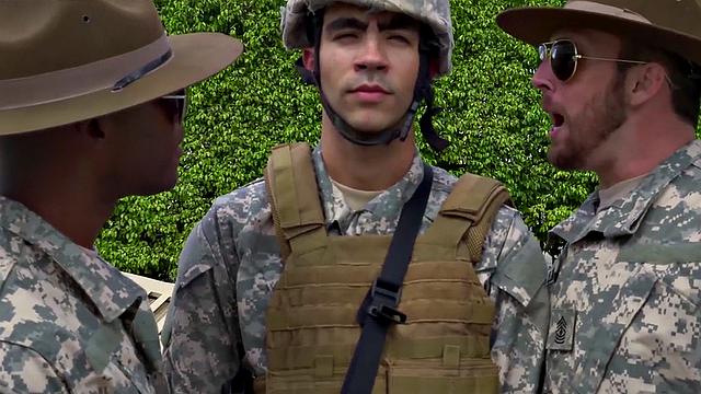 Military Black stud fucked outdoors in voyeuristic 3some