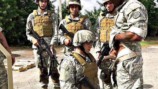 Military Black stud fucked outdoors in voyeuristic 3some