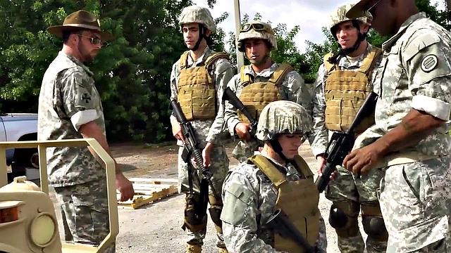 Military Black stud fucked outdoors in voyeuristic 3some