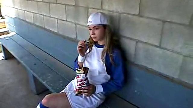 Little April Plays With Herself After A Game Of Baseball