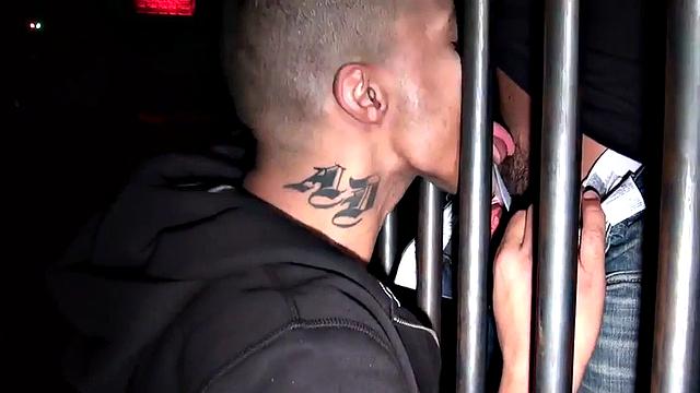 Blindfolded stud in cage fucks Black in gay club