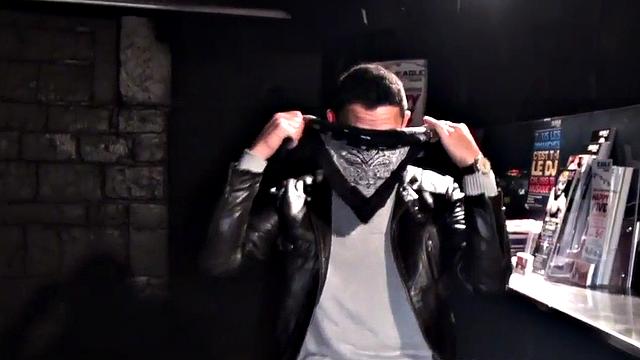 Blindfolded stud in cage fucks Black in gay club