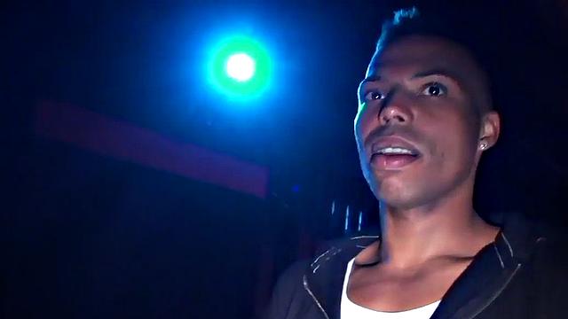 Blindfolded stud in cage fucks Black in gay club