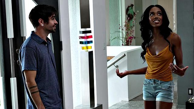 Ebony beauty Lacey London has pizza with a side of her friend's brother