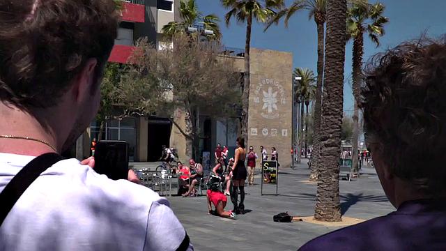 Kinky tattooed brunette sub gagged and humiliated by her domme in public