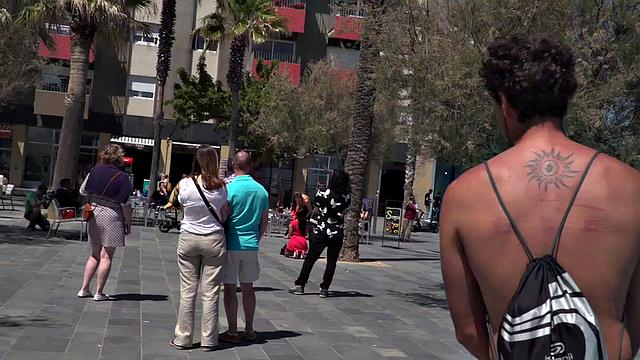 Kinky tattooed brunette sub gagged and humiliated by her domme in public