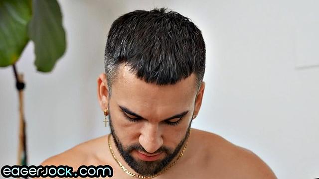 Athletic jock jerking on casting solo