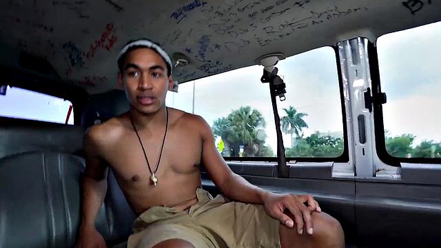 Pulled Black stud sucked by DILF in public outdoor van