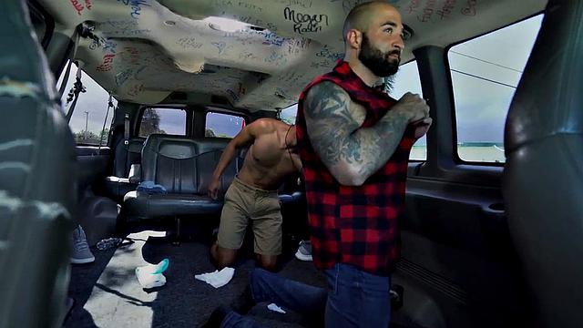 Pulled Black stud sucked by DILF in public outdoor van