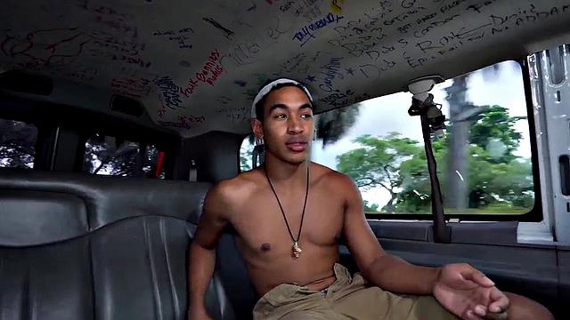 Pulled Black stud sucked by DILF in public outdoor van