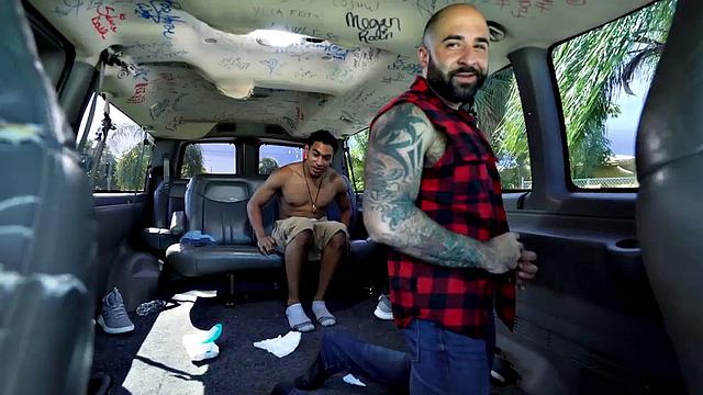 Pulled Black stud sucked by DILF in public outdoor van