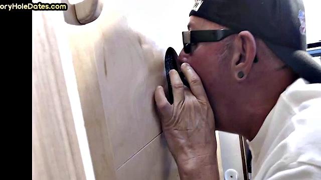 Gloryhole DILF sucks black penis with greedy mouth