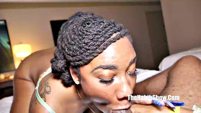 Watch how this ebony queen goes wild on that BBC with her mouth and tit