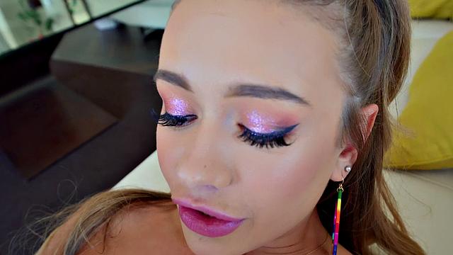 Blonde with pigtails gets drilled from behind while standing on a chair