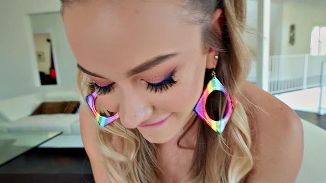 Blonde with pigtails gets drilled from behind while standing on a chair