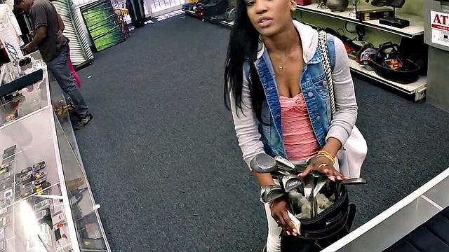 BWC owner nails ebony shoplifter POV style in the office